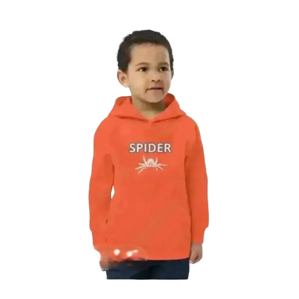 Kinder-Hoodie mit Spinnen-Grafik, unisex Halloween Kapuzenpullover für Kinder 4-12 Jahre, doppellagig, in gebrannte Orange.