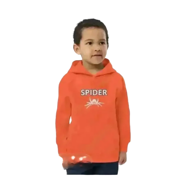 Kinder-Hoodie mit Spinnen-Grafik, unisex Halloween Kapuzenpullover für Kinder 4-12 Jahre, doppellagig, in gebrannte Orange.