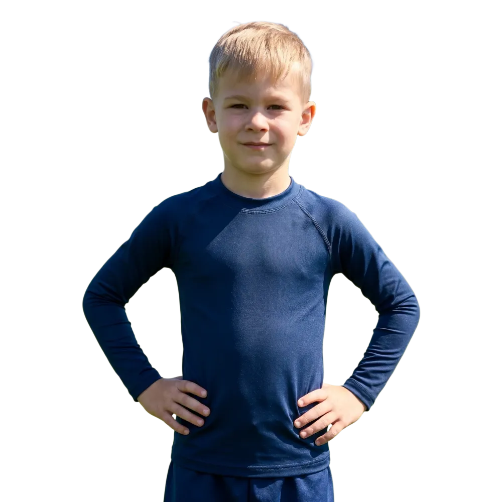 Kinder Langarm-Sportshirt von BUYATHOME24, elastisches Polyester-Shirt in 92-128 cm mit Stretch für aktiven Sport.