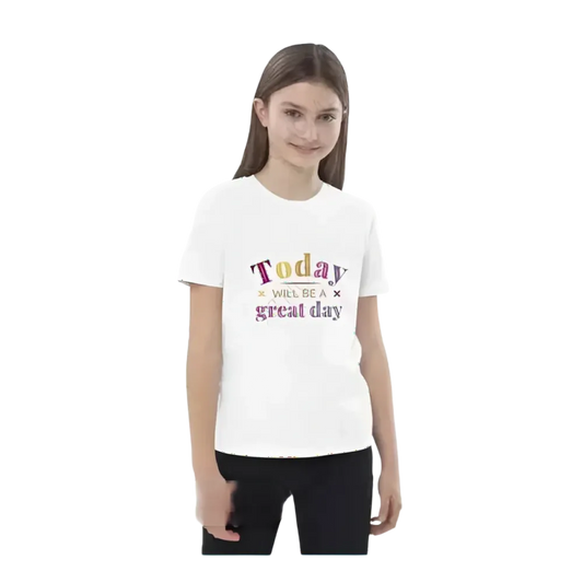 Grafik Unisex T-Shirt für Kinder 3-14 Jahre von BUYATHOME24, kurzärmelig mit personalisiertem Spruch und buntem Druck.