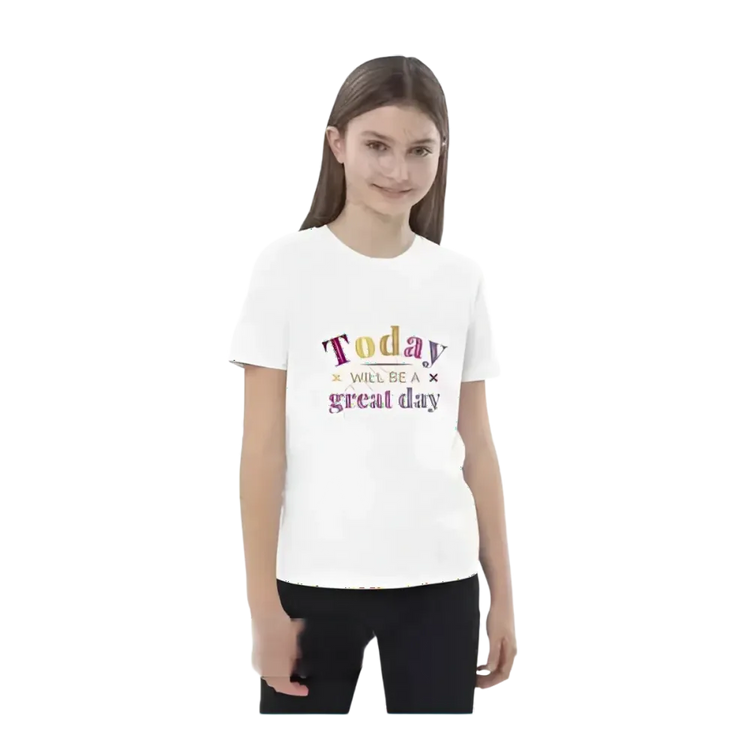 Grafik Unisex T-Shirt für Kinder 3-14 Jahre von BUYATHOME24, kurzärmelig mit personalisiertem Spruch und buntem Druck.
