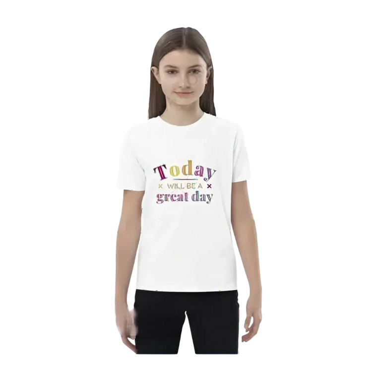 Weißes Grafik Unisex T-Shirt für Mädchen, 3-14 Jahre, mit personalisiertem Spruch und Druck, kurzärmelig von BUYATHOME24.