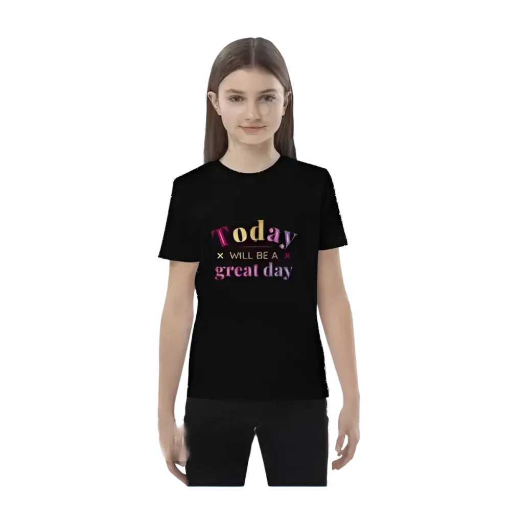 Schwarzes unisex Grafik-T-Shirt für Mädchen 3-14 Jahre, personalisierbar, mit buntem Druck, kurzärmelig, von BUYATHOME24