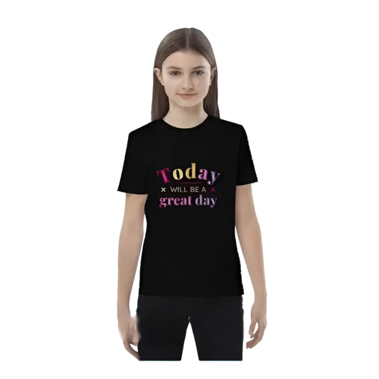 Schwarzes unisex Grafik-T-Shirt für Mädchen 3-14 Jahre, personalisierbar, mit buntem Druck, kurzärmelig, von BUYATHOME24