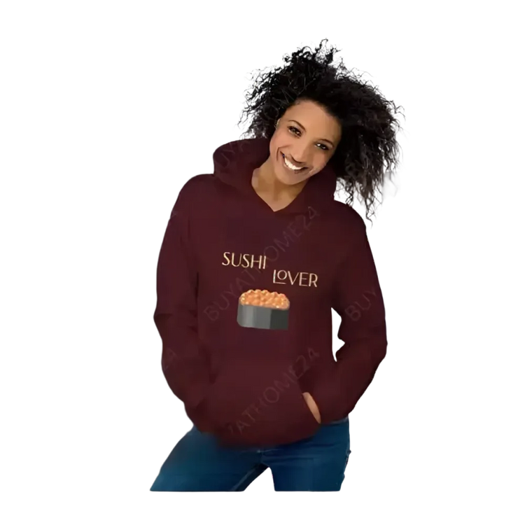 Grafik Unisex Hoodie für Sushi-Liebhaber in S bis 5XL, bequem und stilvoll, aus Baumwolle, mit Sushi-Motiv, von BUYATHOME24.