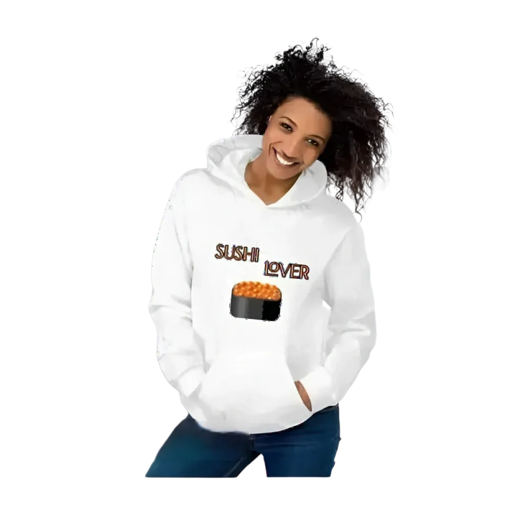 Unisex Sushi Lover Kapuzenpullover von BUYATHOME24, Herren und Damen, graues Hoodie in S bis 5XL, mit Sushi-Design.