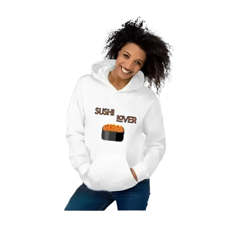 Unisex Sushi Lover Kapuzenpullover von BUYATHOME24, Herren und Damen, graues Hoodie in S bis 5XL, mit Sushi-Design.