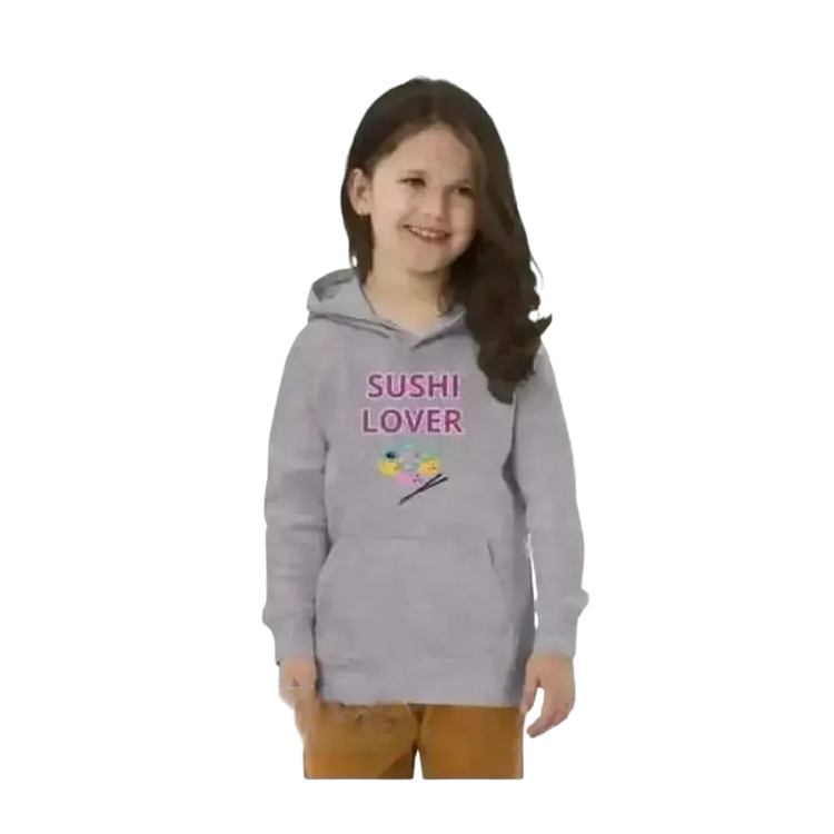 Grauer Kinder-Hoodie aus Baumwolle mit Sushi-Motiv, unisex Kapuzenpullover für Kinder 4-12 Jahre, bedruckbar