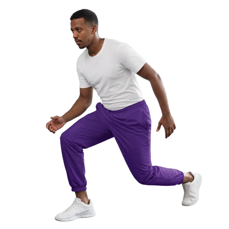 Unisex Trainingshose aus Violettem Polyester, wasserabweisend, bedruckbar, in XS-3XL Größe, ideal für Sport und Freizeit.
