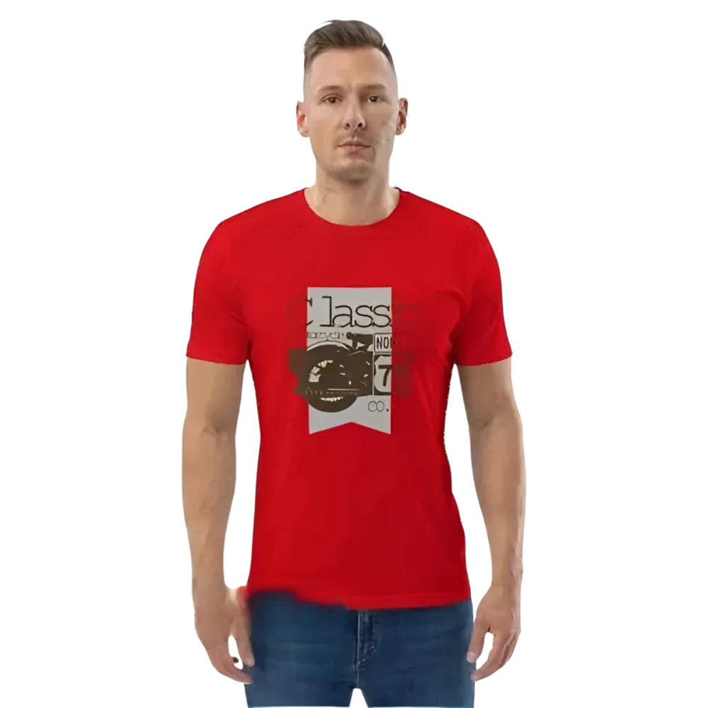 Unisex Grafik T-Shirt von BUYATHOME24, rotes Baumwoll-T-Shirt mit Druck, in den Größen S bis 5XL, frontales Design.