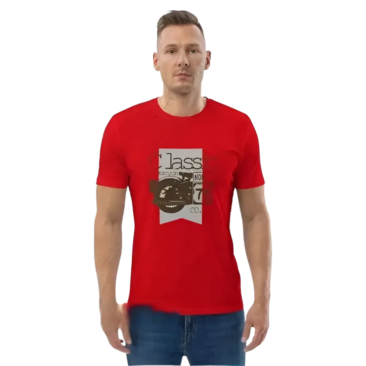 Unisex Grafik T-Shirt von BUYATHOME24, rotes Baumwoll-T-Shirt mit Druck, in den Größen S bis 5XL, frontales Design.