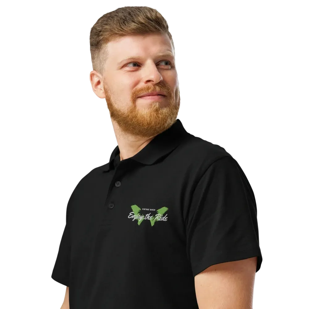 Unisex Poloshirt von BUYATHOME24, schwarzes Piqué-Poloshirt mit geripptem Kragen und Stickerei, linke Brustseite, Größe S-5XL