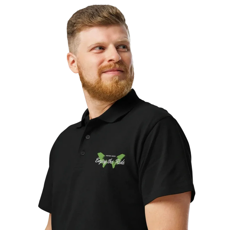 Unisex Poloshirt von BUYATHOME24, schwarzes Piqué-Poloshirt mit geripptem Kragen und Stickerei, linke Brustseite, Größe S-5XL