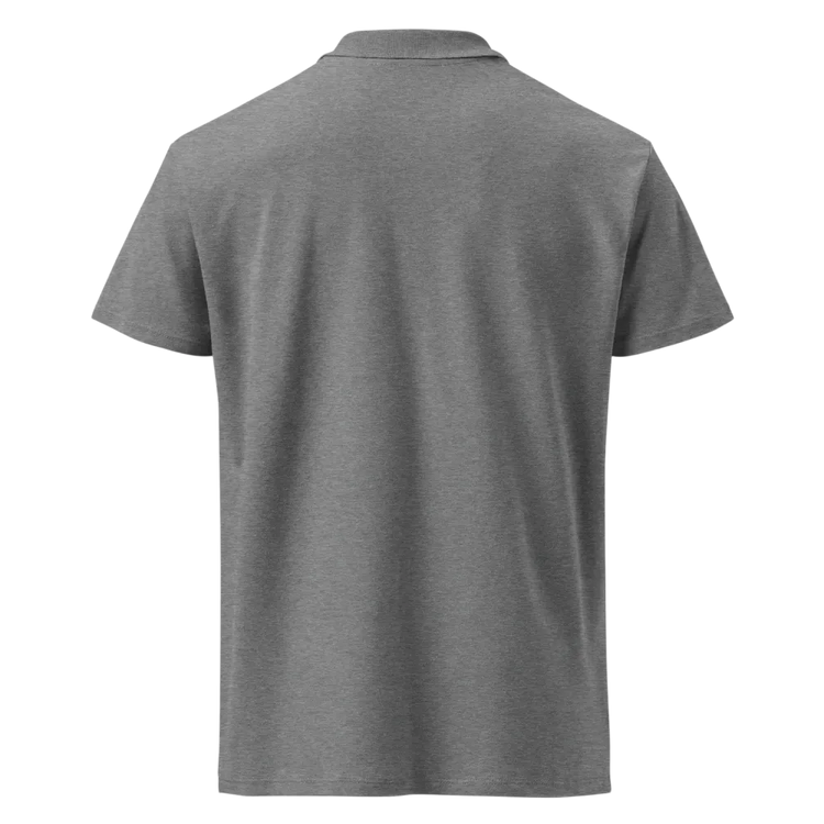 Unisex Poloshirt von BUYATHOME24 in Grau Meliert, mit geripptem Kragen und besticktem Logo auf der Rückseite.