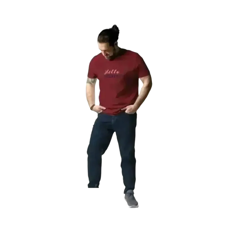 Unisex Grafik-T-Shirt aus Baumwolle in verschiedenen Größen, Kurzarm mit buntem Design, getragen von einem Mann.