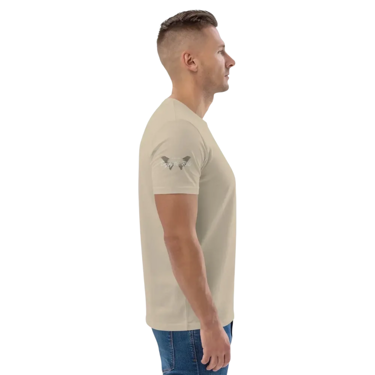 Unisex Bio-Baumwolle T-Shirt im Biker-Stil mit Grafikdesign, in Desert Dust Farbe, für Freizeit, Größe S bis 5XL.