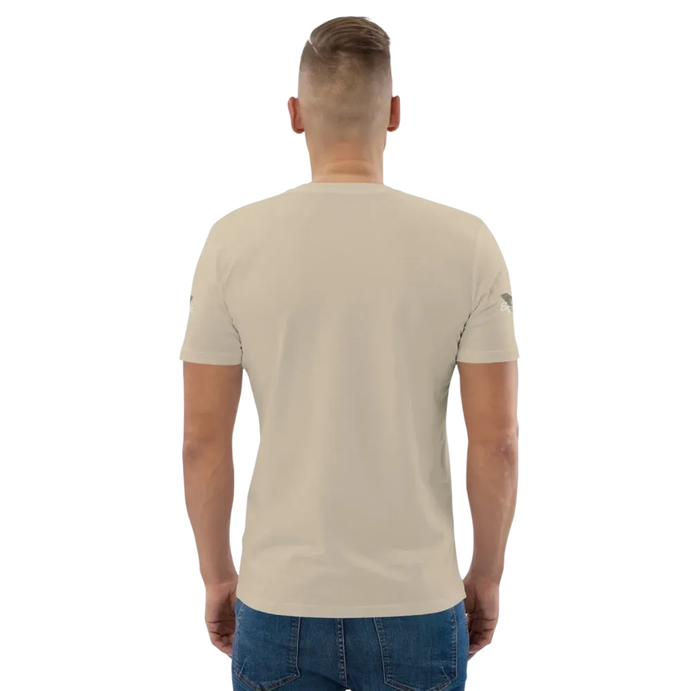 Unisex Bio-Baumwolle T-Shirt mit Biker-Grafik in Desert Dust, Rückseite, bequem und stilvoll, für Freizeit und Alltag.