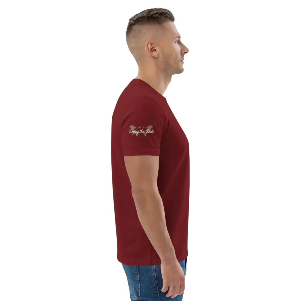Unisex Bio-Baumwolle T-Shirt im Biker-Stil in Burgunder, Freizeit-Design, für Männer und Frauen, Größe S bis 5XL.