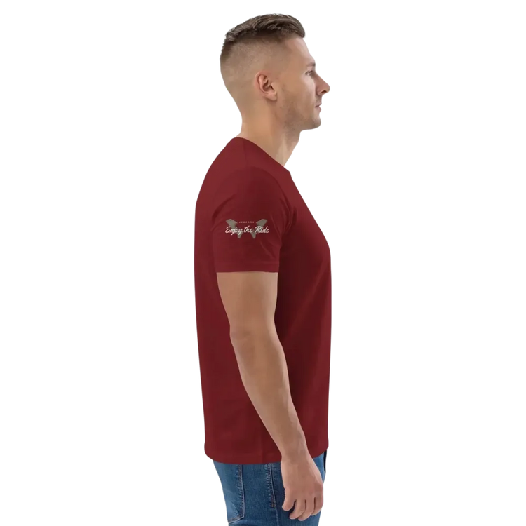 Unisex Bio-Baumwolle T-Shirt im Biker-Stil in Burgunder, Freizeit-Design, für Männer und Frauen, Größe S bis 5XL.