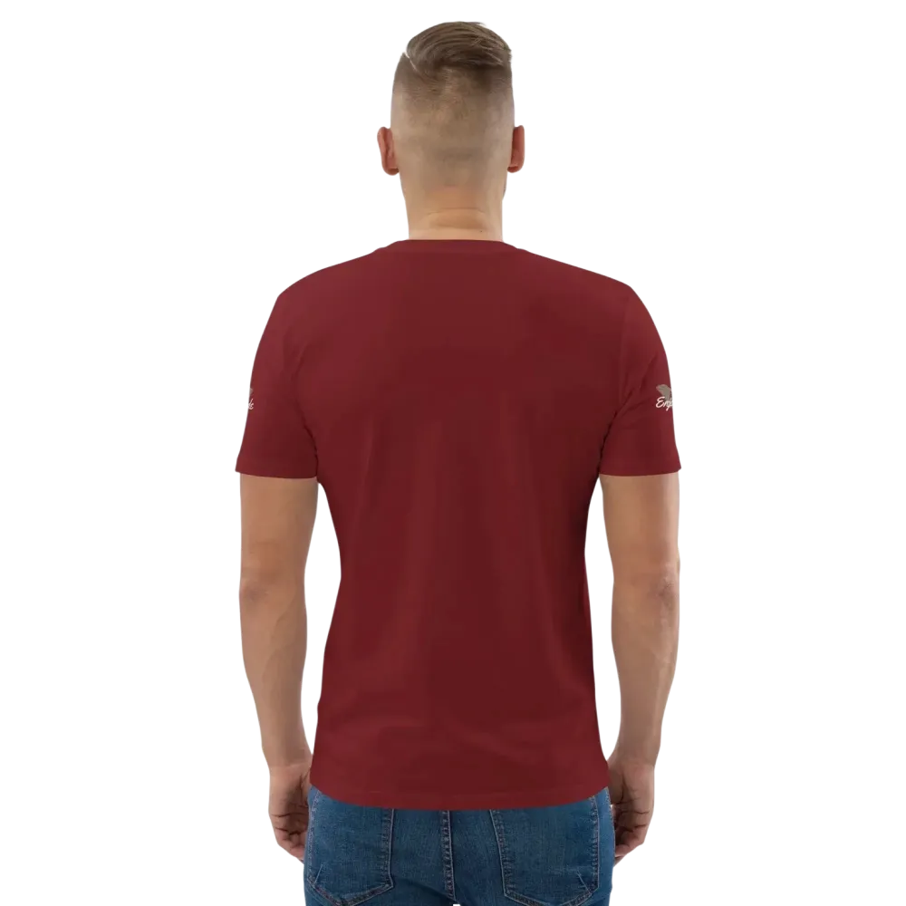 Unisex Bio-Baumwolle T-Shirt in Burgunder mit Grafik-Design, Biker-Stil, Rückenansicht, für Freizeit, erhältlich in S-5XL