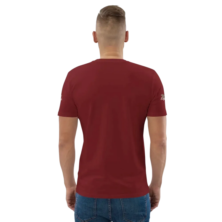 Unisex Bio-Baumwolle T-Shirt in Burgunder mit Grafik-Design, Biker-Stil, Rückenansicht, für Freizeit, erhältlich in S-5XL