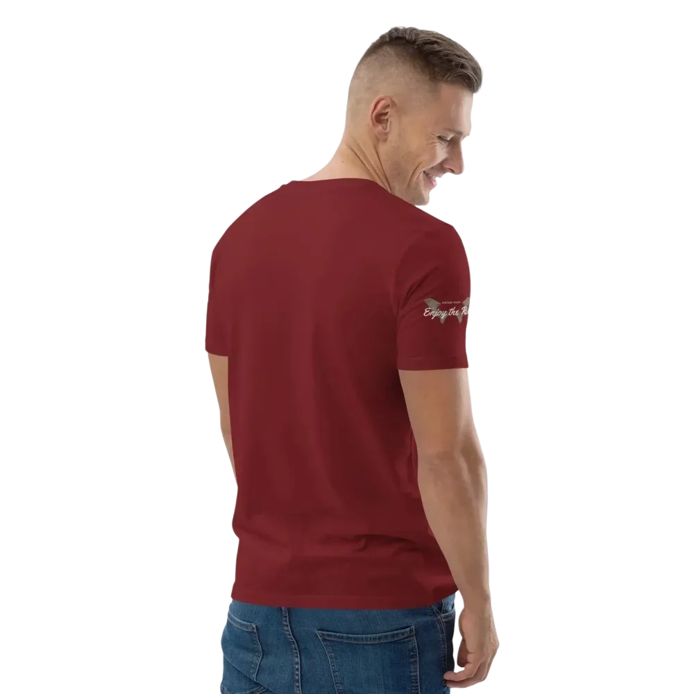 Unisex Bio-Baumwolle T-Shirt im Biker-Stil in Burgund, Rückansicht, bequemes Freizeit-T-Shirt, für Männer und Frauen, in S-5XL.