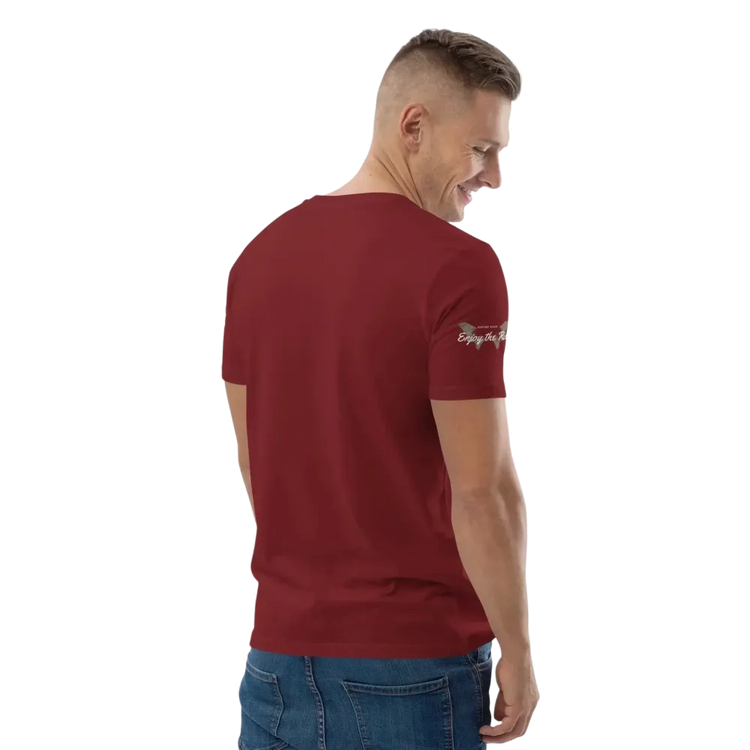 Unisex Bio-Baumwolle T-Shirt im Biker-Stil in Burgund, Rückansicht, bequemes Freizeit-T-Shirt, für Männer und Frauen, in S-5XL.