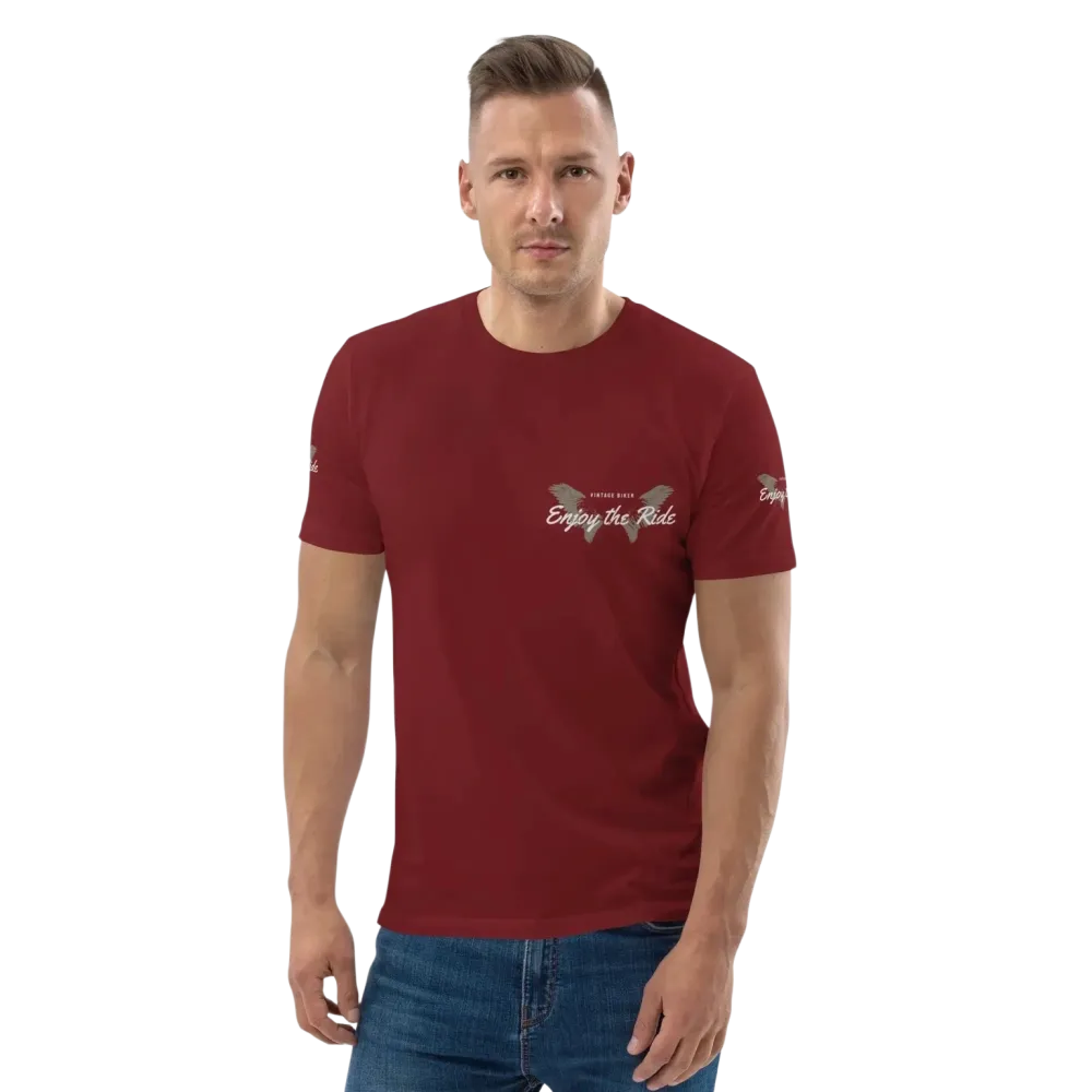 Unisex Bio-Baumwolle T-Shirt in Burgunder mit Grafik, Freizeit- und Biker-Stil, für Damen und Herren, Größe S-5XL.