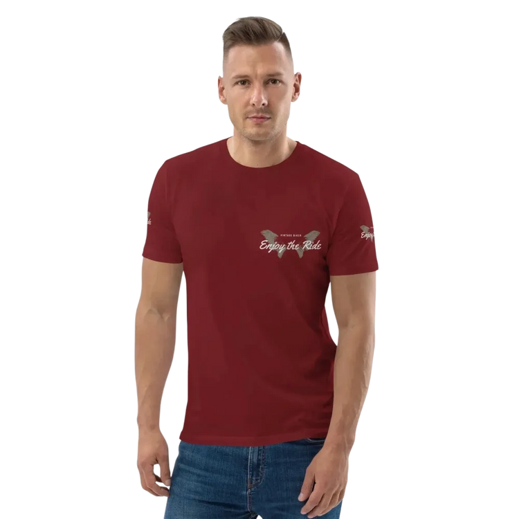 Unisex Bio-Baumwolle T-Shirt in Burgunder mit Grafik, Freizeit- und Biker-Stil, für Damen und Herren, Größe S-5XL.