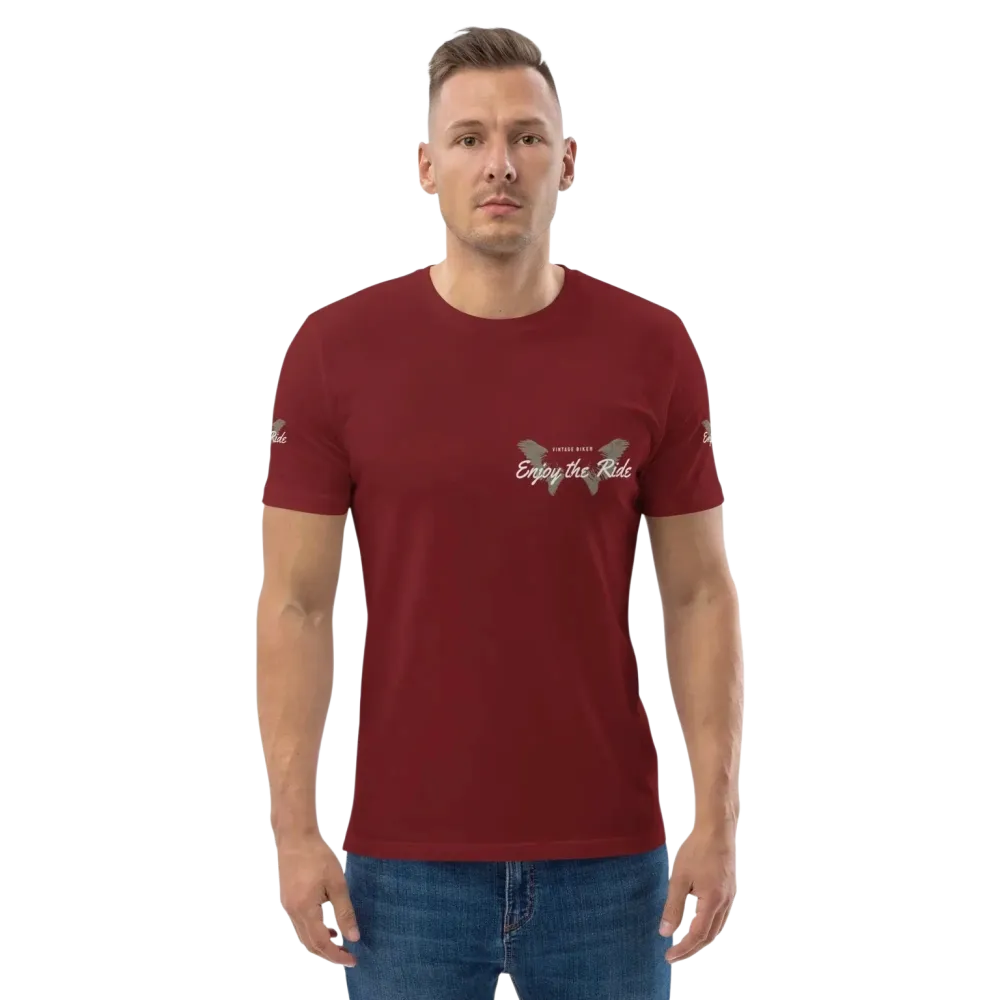 Unisex Bio-Baumwoll-T-Shirt im Biker-Stil in Burgund, mit Grafik-Design, für Freizeit und Alltag, von BUYATHOME24