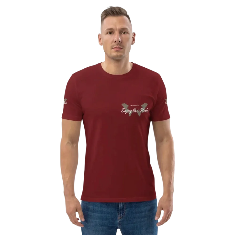 Unisex Bio-Baumwoll-T-Shirt im Biker-Stil in Burgund, mit Grafik-Design, für Freizeit und Alltag, von BUYATHOME24