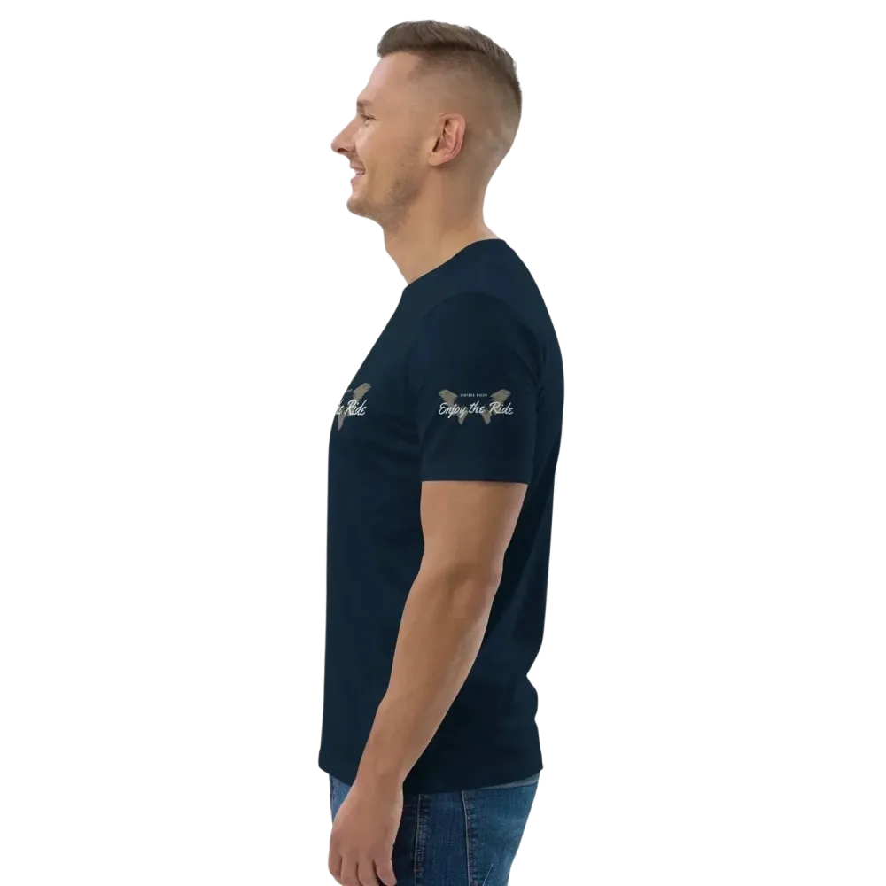 Unisex Bio-Baumwolle T-Shirt im Biker-Stil in French Navy, Grafikdesign, bequemes Freizeit-T-Shirt für Männer und Frauen