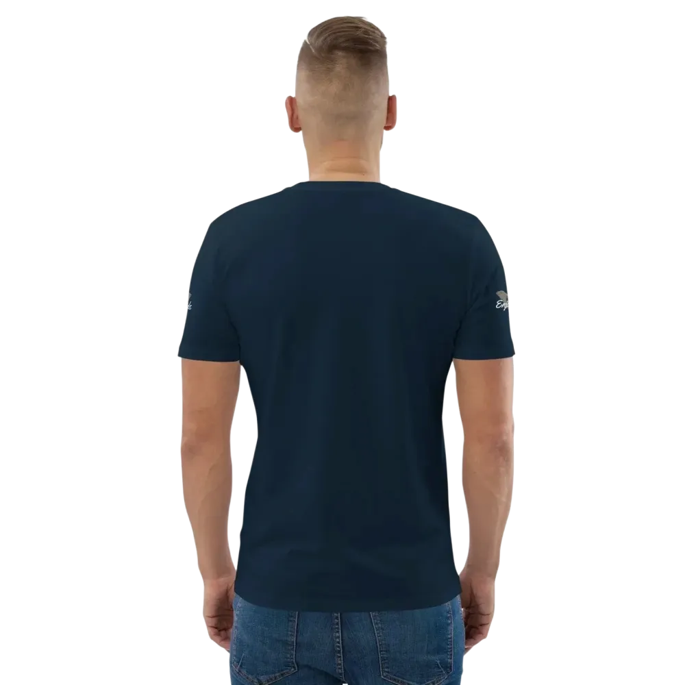 Unisex Bio-Baumwolle T-Shirt in French Navy mit grafischem Biker-Design, bequemes Freizeit-T-Shirt für Männer und Frauen.