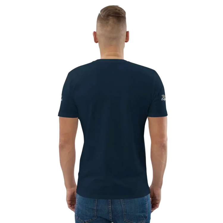 Unisex Bio-Baumwolle T-Shirt in French Navy mit grafischem Biker-Design, bequemes Freizeit-T-Shirt für Männer und Frauen.