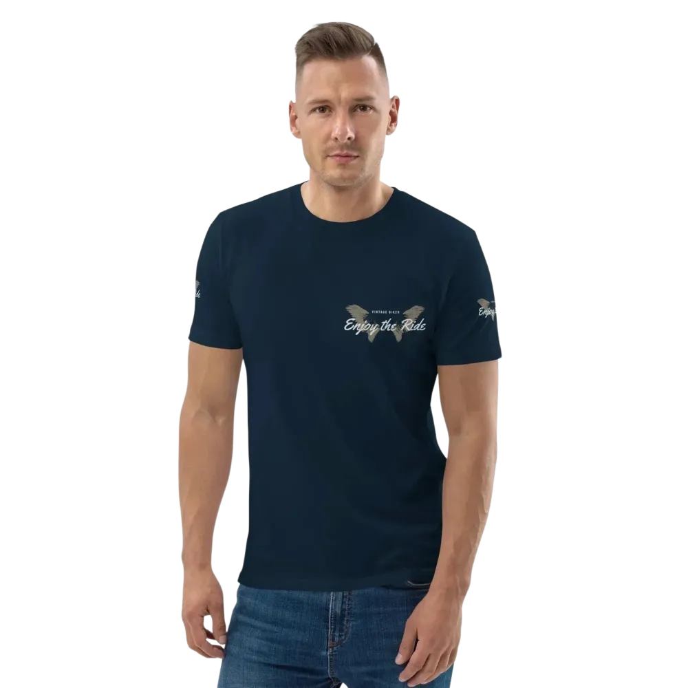 Unisex Bio-Baumwoll-T-Shirt im Biker-Stil in French Navy, vorne mit Grafik, erhältlich in S bis 5XL von BUYATHOME24