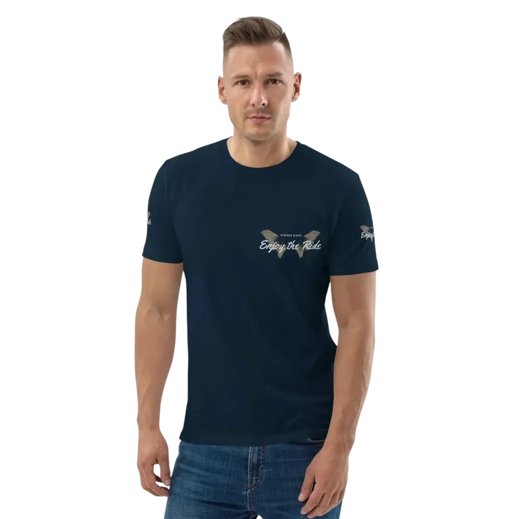 Unisex Bio-Baumwoll-T-Shirt im Biker-Stil in French Navy, vorne mit Grafik, erhältlich in S bis 5XL von BUYATHOME24