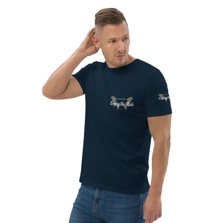 Unisex Bio-Baumwolle T-Shirt im Biker-Stil in French Navy, links vorn, für Freizeit, Größen S bis 5XL