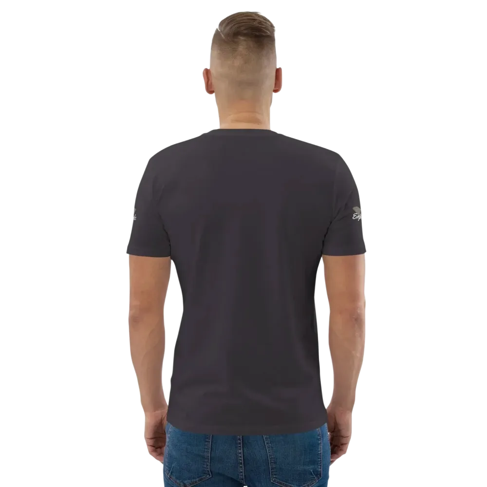 Unisex Bio-Baumwolle T-Shirt in Anthrazit mit Grafik-Design, Freizeit- und Biker-Stil, Rückenansicht, in den Größen S-5XL