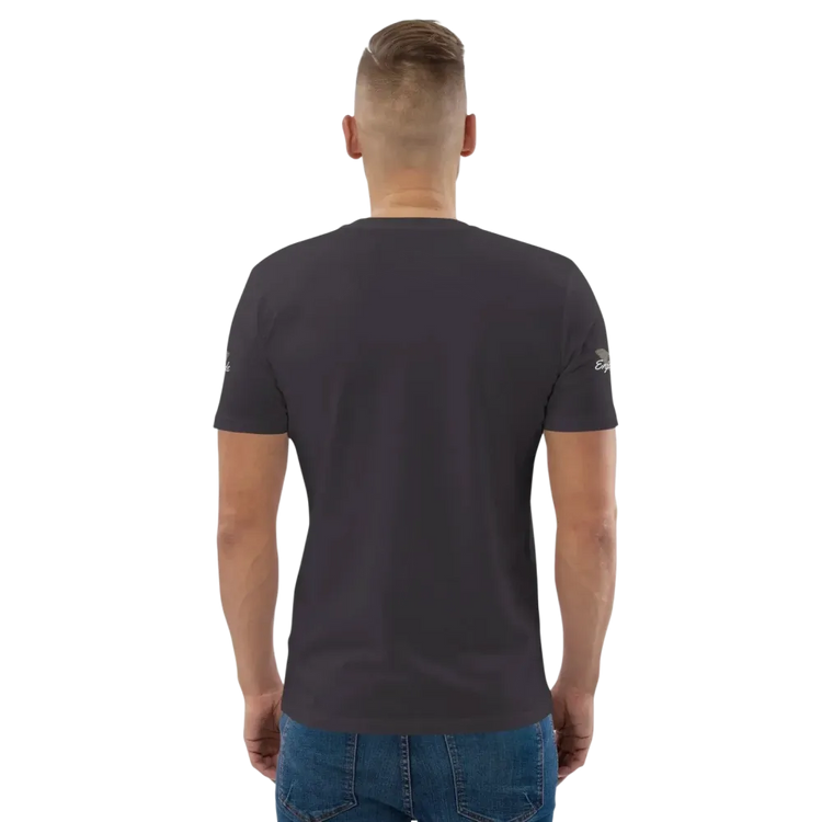 Unisex Bio-Baumwolle T-Shirt in Anthrazit mit Grafik-Design, Freizeit- und Biker-Stil, Rückenansicht, in den Größen S-5XL