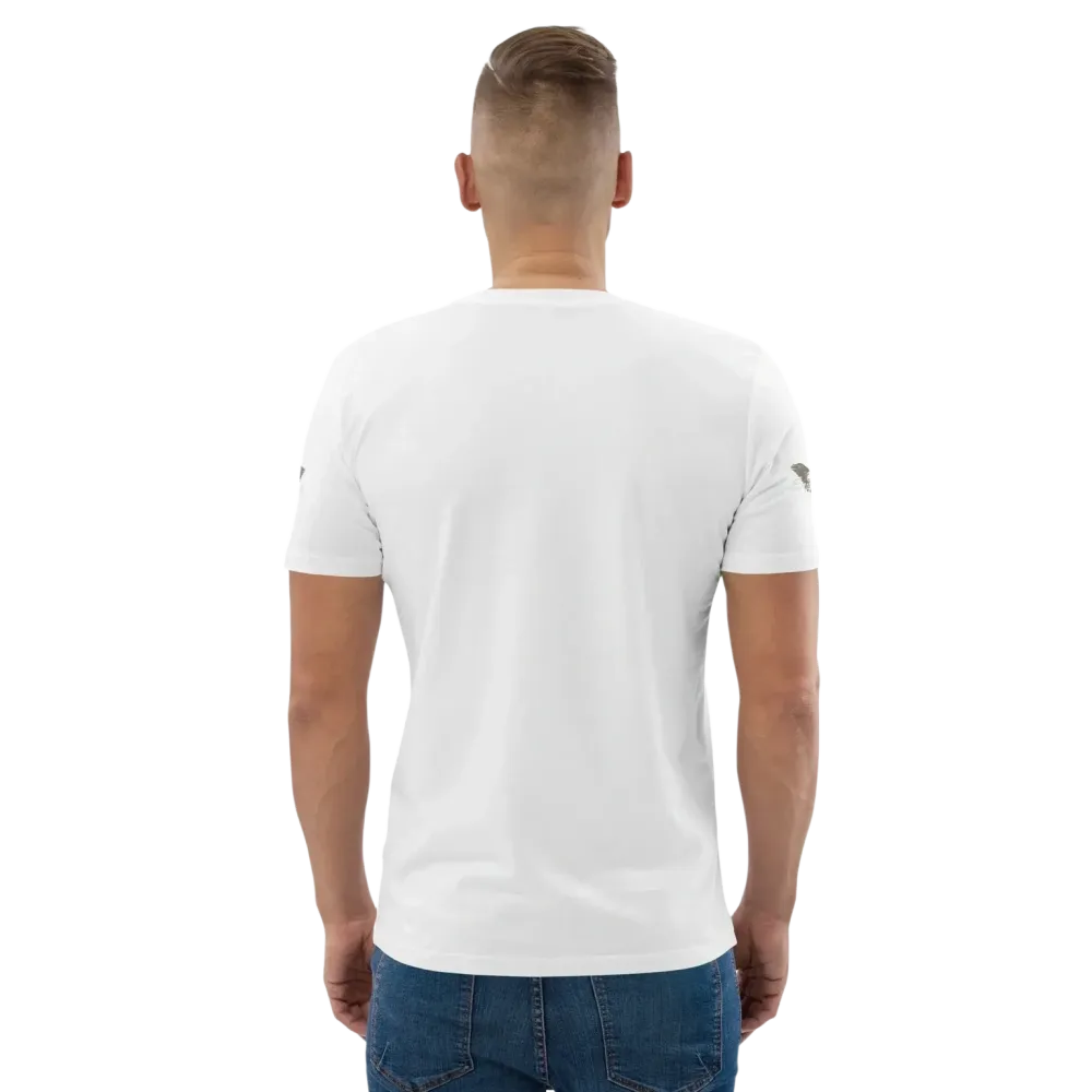 Weißes Unisex T-Shirt aus Bio-Baumwolle mit biker-inspiriertem Grafik-Design, Rückenansicht, erhältlich in den Größen S bis 5XL.
