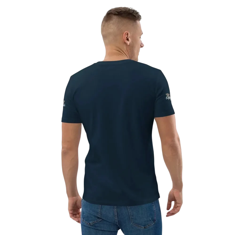 Unisex Bio-Baumwolle T-Shirt im Biker-Stil in French Navy, Rückenansicht, bequemes Freizeit-T-Shirt für Männer und Frauen