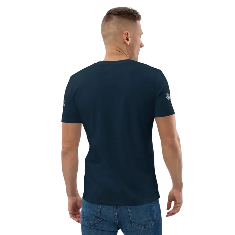 Unisex Bio-Baumwolle T-Shirt im Biker-Stil in French Navy, Rückenansicht, bequemes Freizeit-T-Shirt für Männer und Frauen