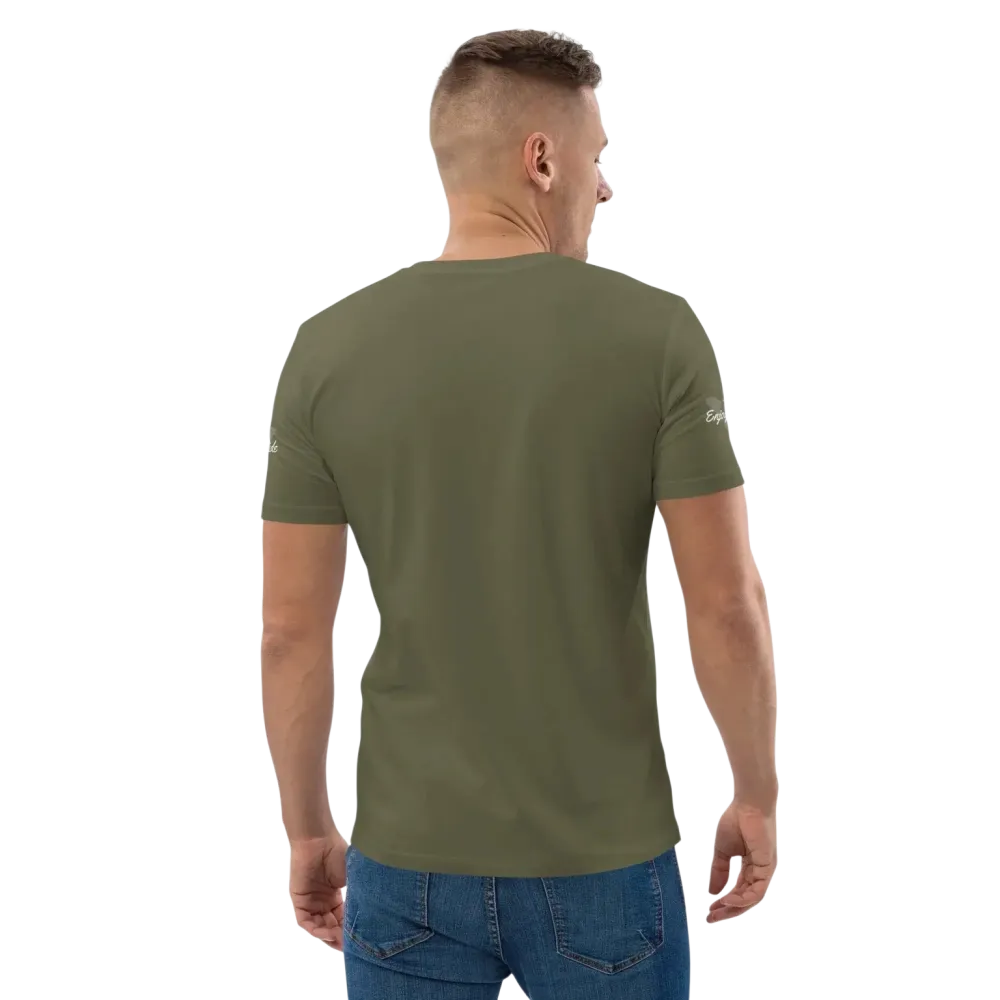Unisex Bio-Baumwolle T-Shirt im Biker-Stil in Khaki, Rückenansicht, für Freizeit, Größen S bis 5XL, von BUYATHOME24