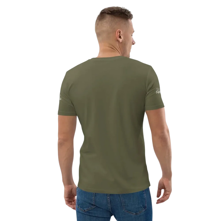 Unisex Bio-Baumwolle T-Shirt im Biker-Stil in Khaki, Rückenansicht, für Freizeit, Größen S bis 5XL, von BUYATHOME24