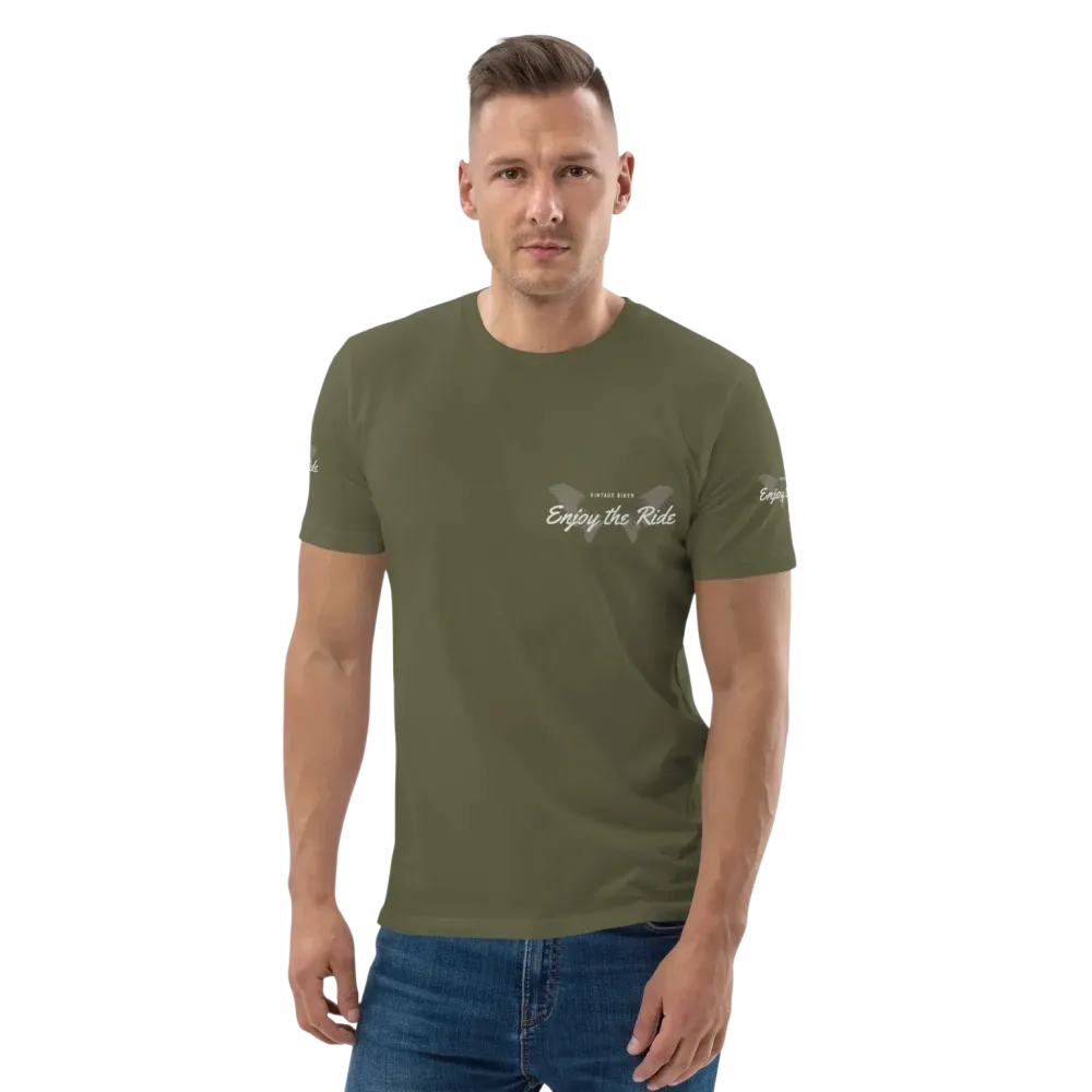Unisex Bio-Baumwoll T-Shirt im Biker-Stil in Khaki, vorne sichtbar, bequemes Freizeit-T-Shirt in verschiedenen Größen.