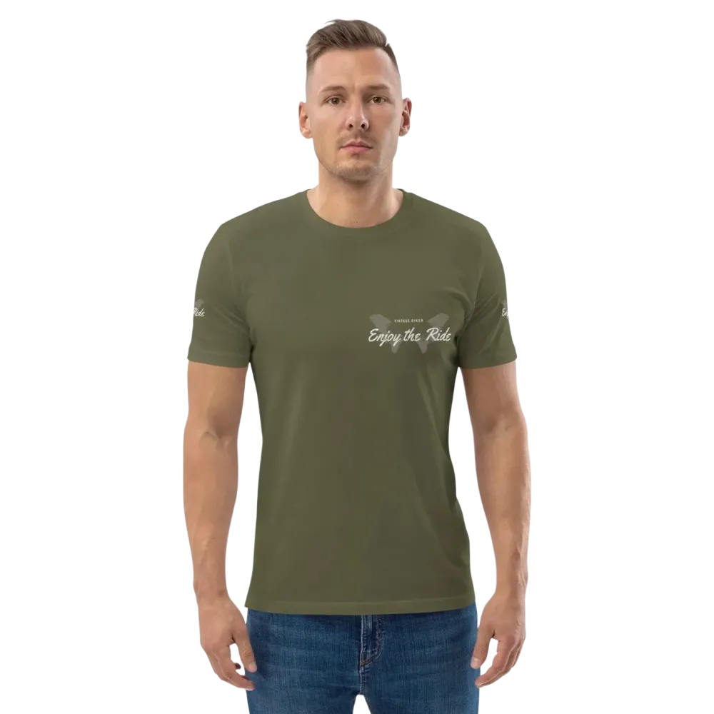 Unisex Grafik-T-Shirt aus Bio-Baumwolle in Khaki, Biker-Stil, vorne sichtbar, für Freizeit, Größen S bis 5XL.