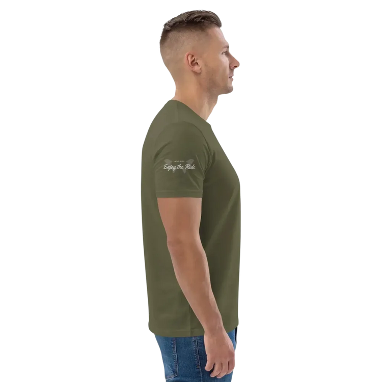 Unisex Bio-Baumwolle T-Shirt in Khaki mit Grafik, Freizeitstil, Biker-Design, in Größe S bis 5XL, von BUYATHOME24