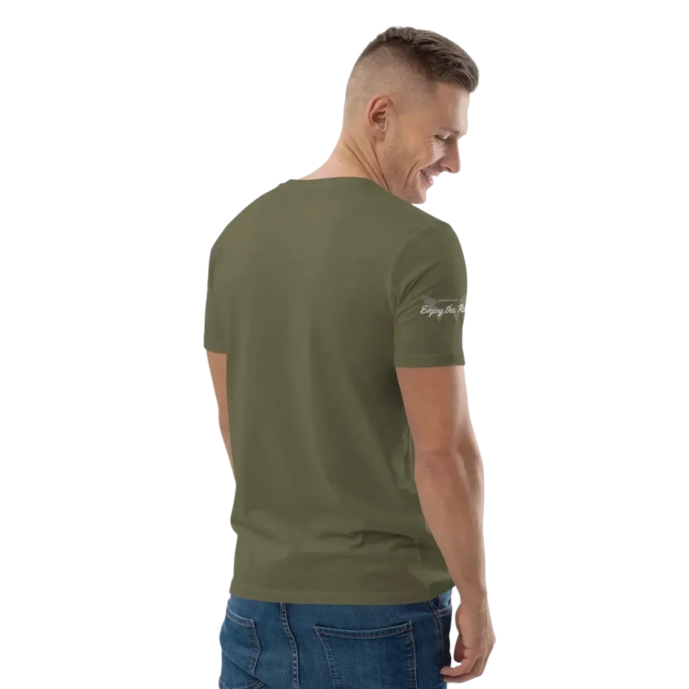 Unisex Bio-Baumwoll-T-Shirt im Biker-Stil in Khaki, hinten rechts, für Freizeit, erhältlich in S bis 5XL, von BUYATHOME24