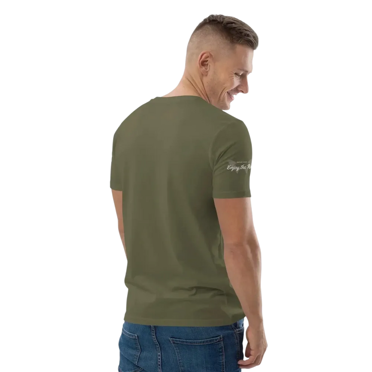 Unisex Bio-Baumwoll-T-Shirt im Biker-Stil in Khaki, hinten rechts, für Freizeit, erhältlich in S bis 5XL, von BUYATHOME24