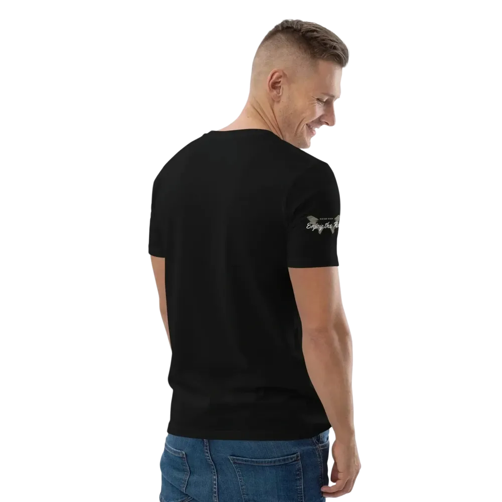 Unisex Bio-Baumwoll-T-Shirt in Schwarz mit Biker-Grafik, Rückenansicht, erhältlich in den Größen S bis 5XL.